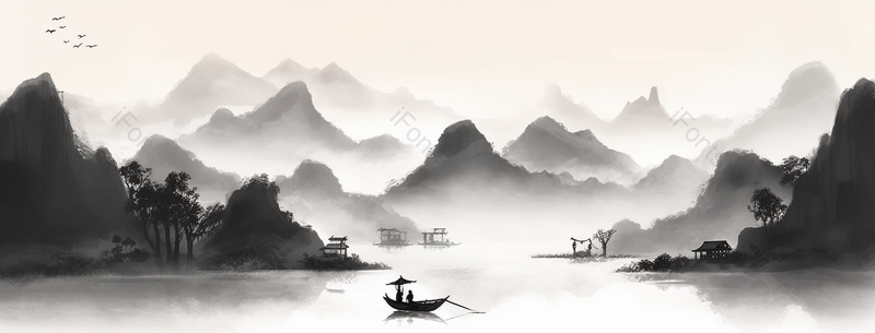 山水河流复古风意境自然景观中式风水墨画,插画/手绘图,插画/手绘图库,插画/手绘图下载,插画/手绘
